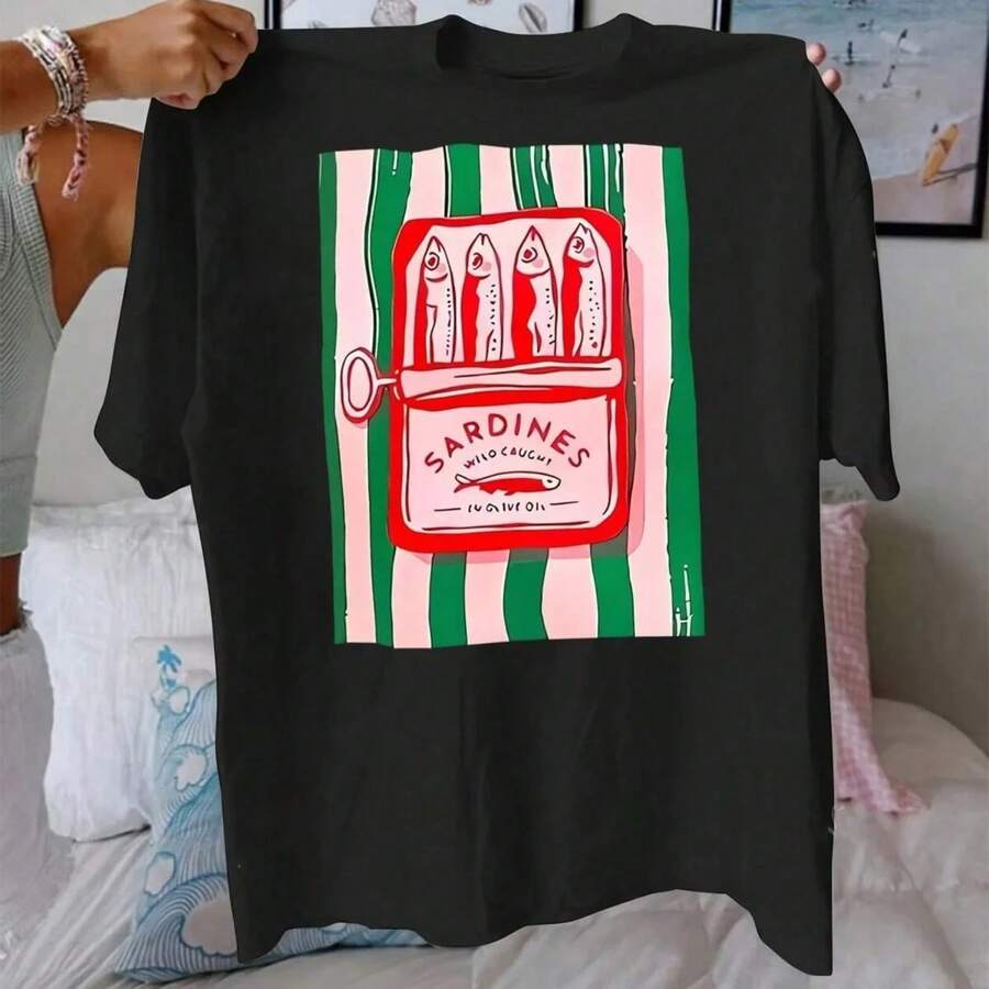 Camiseta de verano para mujer, Camiseta de algodón con estampado de sardina, cuello redondo, Material transpirable, Top informal de manga corta a la moda para mujer - Negro - Ver 1