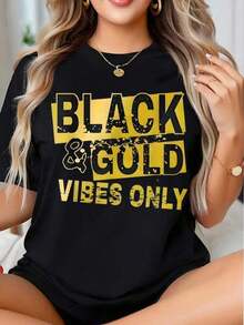 Camiseta Gráfica "Black And Gold Vibes Only" para Mujer, Estilo Casual Urbano, Camiseta de Moda, Top Unisex para Uso Diario - Estilo Urbano Vintage, Camiseta Unisex Holgada de Algodón con Manga Corta y Cuello Redondo, 100% Algodón - Negro - Ver 1