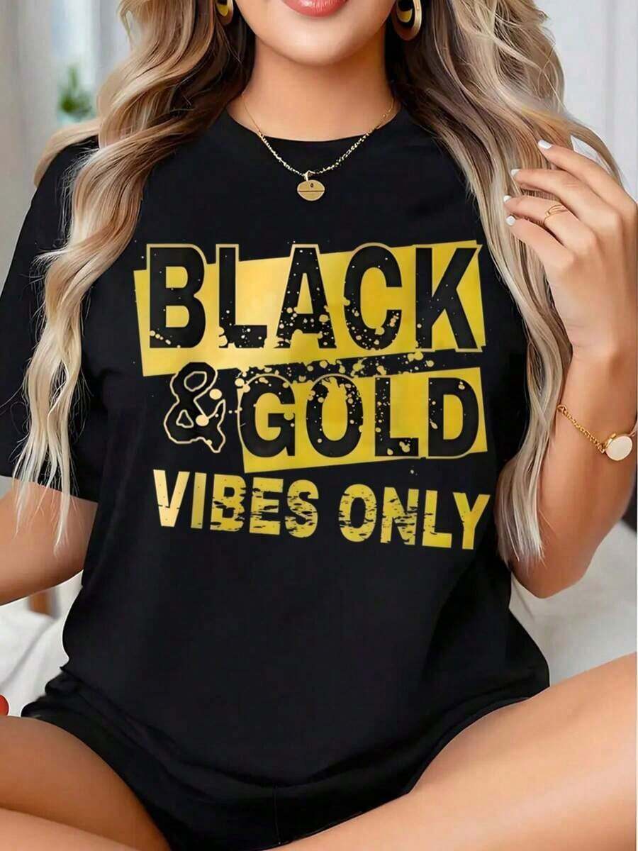Camiseta Gráfica "Black And Gold Vibes Only" para Mujer, Estilo Casual Urbano, Camiseta de Moda, Top Unisex para Uso Diario - Estilo Urbano Vintage, Camiseta Unisex Holgada de Algodón con Manga Corta y Cuello Redondo, 100% Algodón - Negro - Ver 1