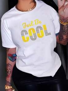 1 pieza de camiseta blanca para mujer con estampado de letras "Just Be Cool" y pedrería, cuello redondo, camiseta casual de algodón, tejido de punto de elasticidad media, corte regular para damas, ideal para primavera/verano/otoño, transpirable y cómoda. - Blanco - Ver 7