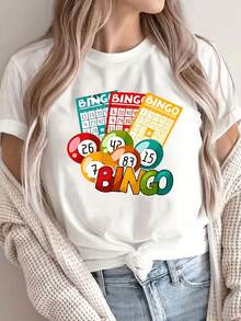 Top casual de primavera/verano para mujer con cuello redondo y mangas cortas, con un diseño temático de juego de bingo que incluye bolas numeradas y la palabra "Bingo". Camiseta, tela transpirable y lavable a máquina, adecuada para comodidad en todas las estaciones. - Blanco - Ver 7