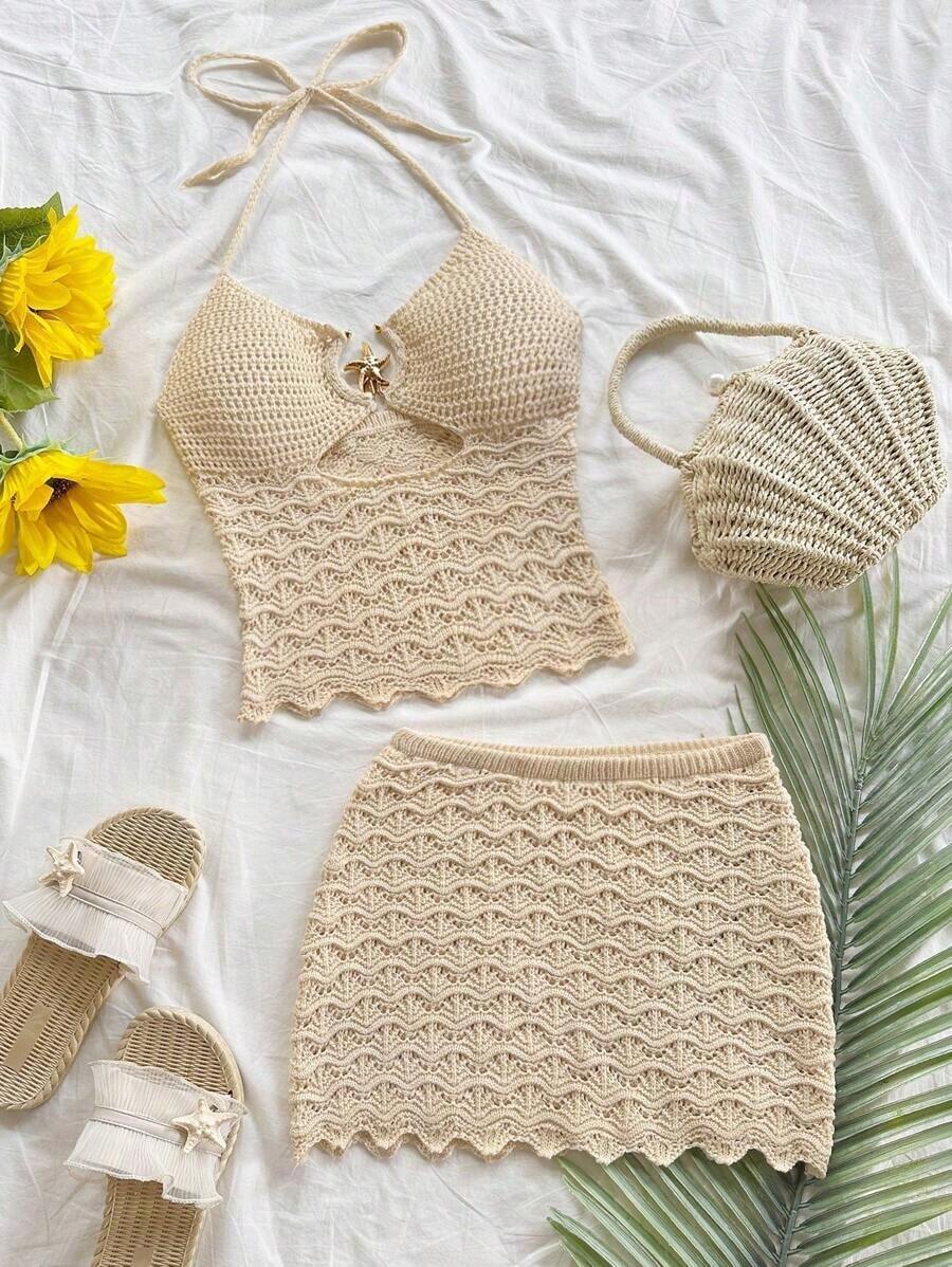 Set de 2 piezas compuesto por top corto con tiras finas y recorte en forma de estrella de mar metálico, espalda descubierta, y falda de talle bajo para vacaciones, festivales de música, vacaciones, estilo bohemio - Albaricoque - Ver 1