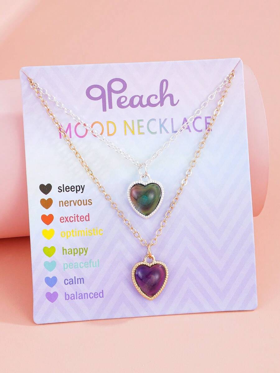 2Pcs/Set Teen Girls Balloon Mood Necklace Set Temperature Sensing Color‑Changing Heart Flower Butterfly Key Pendant Necklaces Friendship Daily Jewelry - Multicolor - View 1