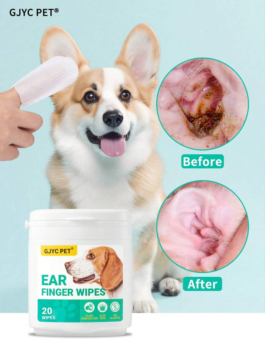 GJYC PET 20pcs Dog Ear Cleaning Wet Wipes, Soft & Easy To Clean Ear For Dogs & Cats, Non-Irritating
