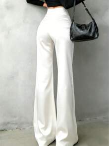Pantalones rectos de satén de cintura alta para mujer, aptos para uso diario, oficina, traslados, hogar, citas, pequeñas fiestas y eventos sociales ligeros.Color: Negro.Temporada: Primavera - Blanco - Ver 5