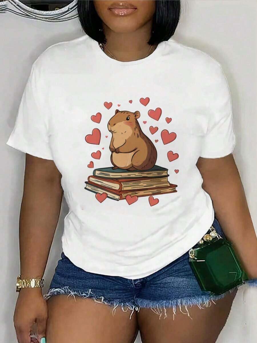 New Women's Casual Summer T-Shirt - Short Sleeve, Round Neck, Geometric Capybara Print With Heart And Book Design, Lightweight Polyester, Perfect For Spring, Summer And Autumn - Vintage Urban Style, Unisex Loose Fit Cotton Short Sleeve Round Neck T-Shirt - 白色 - 查看 1