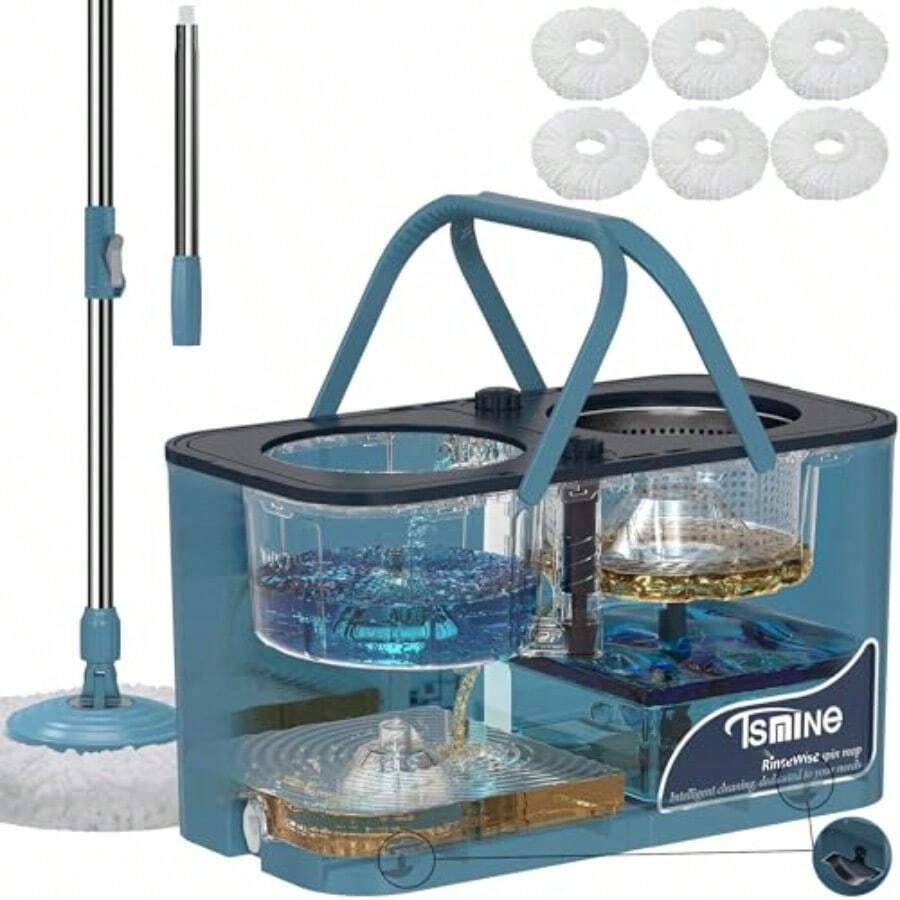 Superior Bronz Spin Mop For Large Homes And Big Floor Cleaning Clean And Dirty Water Separation Mop Bucket For Family And Pet Homes 4-Chamber System Glide Wheels For Hardwood And Tile Adjustable Handle 6 Mop Heads - Xanh lam/Xám - Xem 1