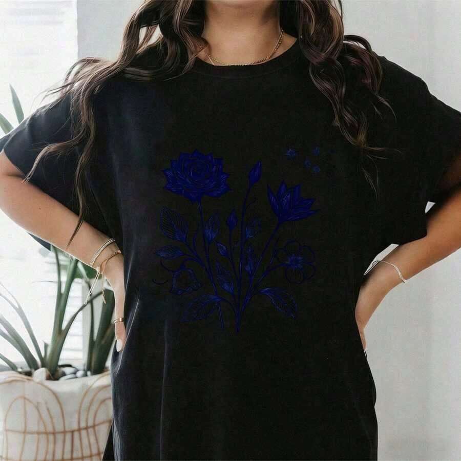 1 pieza - Camiseta de algodón blanca con estampado floral, cuello redondo, manga corta, ropa casual de verano, 180g, 100% algodón. - Negro - Ver 1