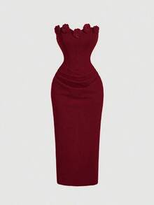 XHESHEIN MOD Vestido tubo midi de terciopelo con flores 3D en color borgoñaXHE - Burdeos - Ver 5