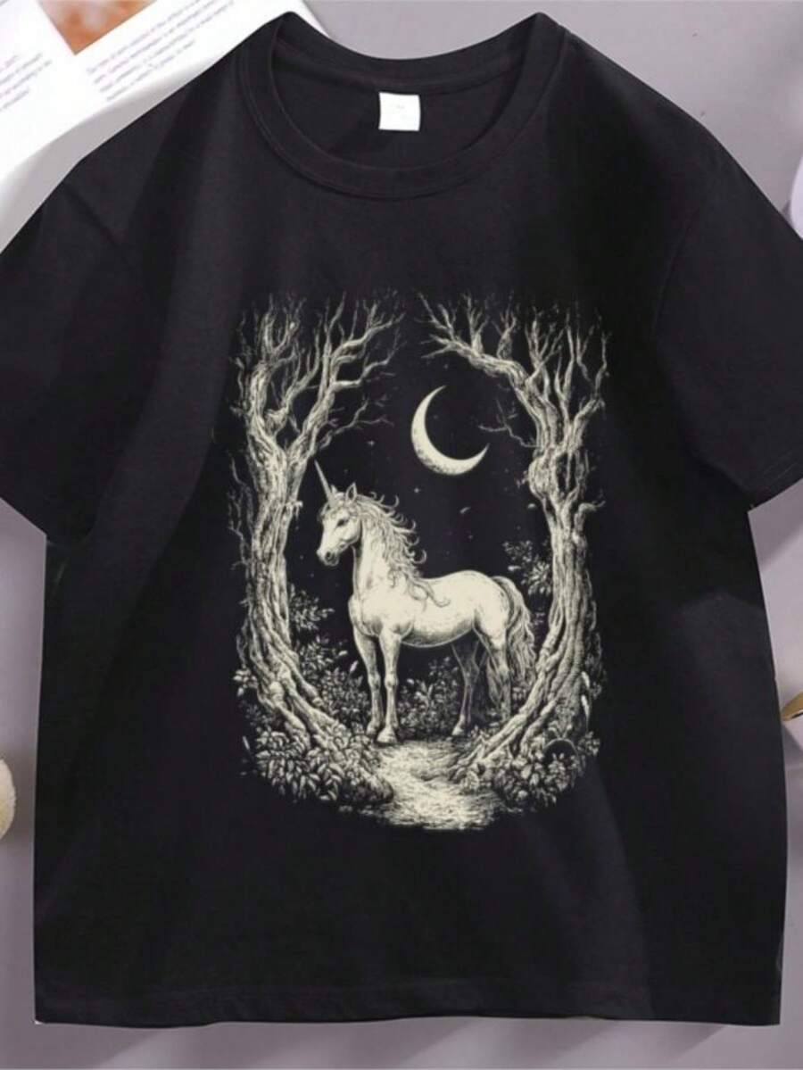 Women's T-ShirtsMagical Unicorn T-Shirt Whimsical Moonlight Tee Cute Unicorn Lovers T Shirt Casual Breathable Looseround Neck Tshirts - 黑色 - 查看 1