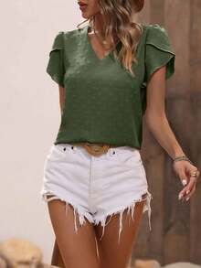 Blusa de unicolor casual con mangas con diseño de pétalos para vacaciones - Verde militar - Ver 3