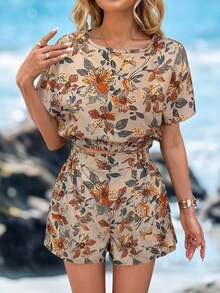 Camisa de mujer con hombros caídos, cintura ceñida y dobladillo, y shorts de mujer decorados con bolsillo, estampado floral, conjunto elegante casual de vacaciones - Multicolor 2 - Ver 6