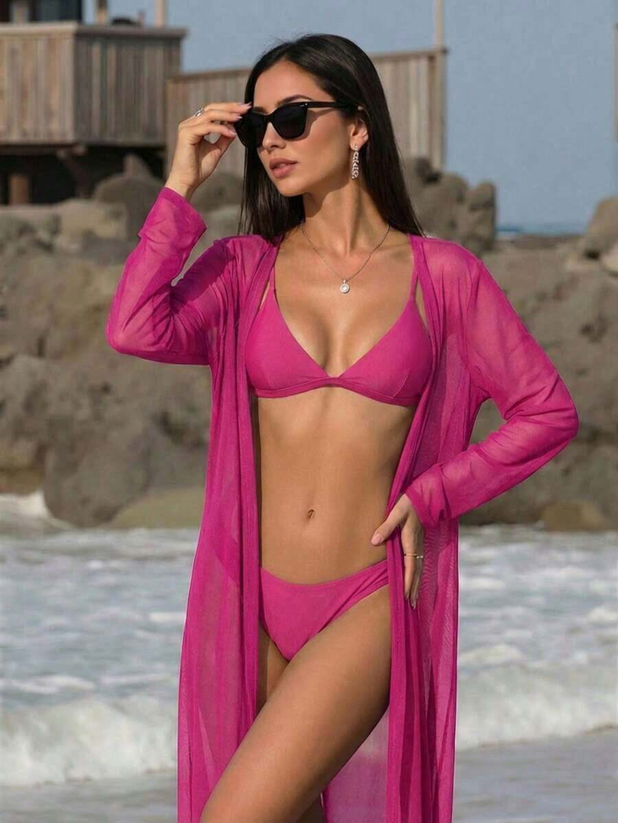 Kimono unicolor con cinturón - Rojo violeta - Ver 1