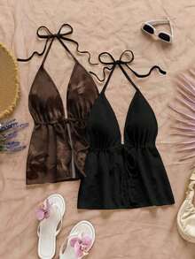 Set de 2 tops de camisola con cuello de halter, uno con estampado abstracto texturizado fucsia elegante y versátil para vacaciones, y otro de color negro sólido, cómodos para primavera/verano - Multicolor 2 - Ver 1