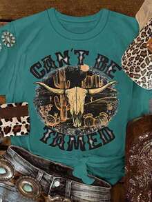 Camiseta casual de manga corta con cuello redondo y estampado al estilo western cowboy " para mujer - Azul cadete - Ver 5