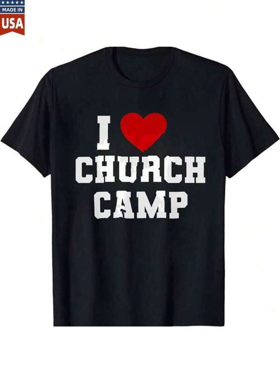 "I Love Religious Camp" T-Shirt Christian Faith Clothing For Men, Women, And Children Summer Religious Camp T-Shirt Black Cotton Graphic Tee - 黑色 - 查看 1