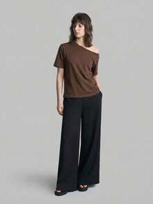 2026SS Nueva Blusa de Mujer de unicolor con Hombros Descubiertos, Uso Casual Diario, Camiseta de Manga Corta Holgada, Blusas de Verano para Mujer, Casual de Negocios, Vacaciones, Playa, Fiesta de Cumpleaños, Atuendo de Maestra, Regreso a Clases - Marrón - Ver 6