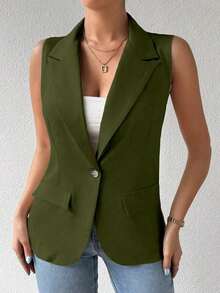 informal sin mangas con cuello francés y botones de unicolor para mujer de talla grande - Verde militar - Ver 5