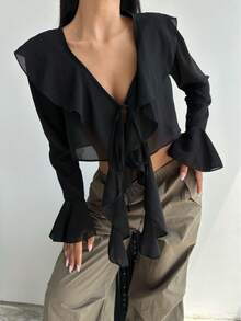 SQUALO Women's Casual Solid Color Ruffle Petal Sleeve Cropped Top, Suitable For Spring, Summer And Autumn Beach/Holiday Wear - Black - View 5