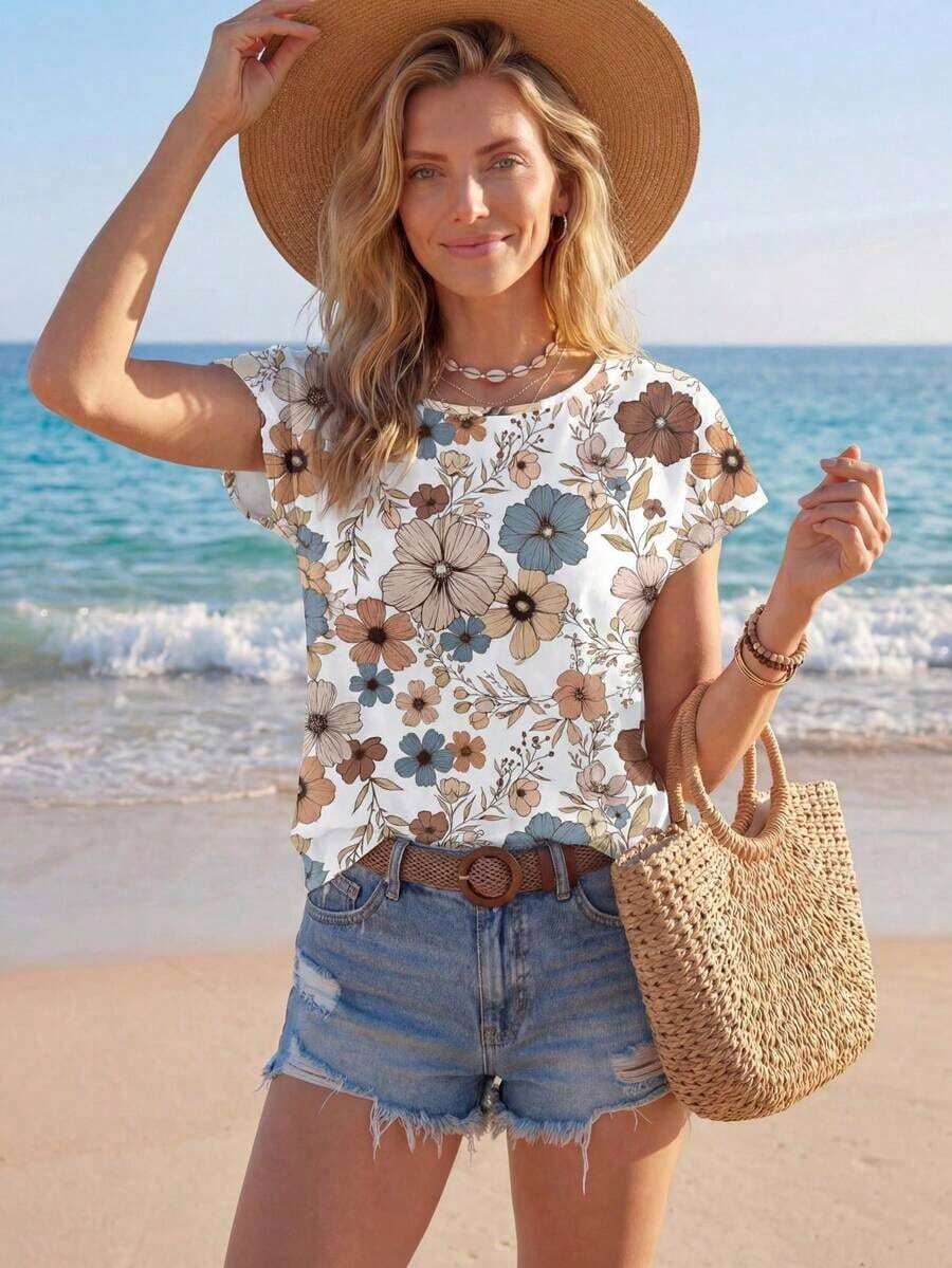 Camisa casual de mujer con patrón floral retro y cuello redondo, adecuada para el verano y para salir, blusas elegantes para mujer, casual - Multicolor 3 - Ver 1