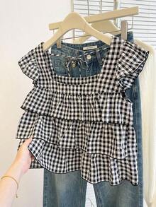 Blusa con volantes en el bajo nueva para otoño, estilo lindo para mujer - Blanco y Negro - Ver 8
