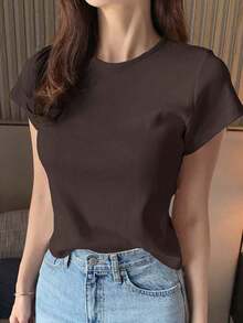 Camiseta de manga corta de mujer de cuello redondo de unicolor básica blanca, para primavera/verano, estilo casual empresarial - Marrón - Ver 7