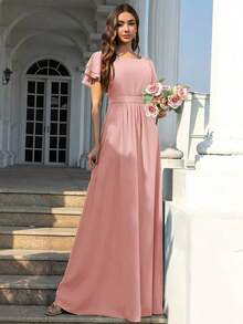 Vestido de dama de honor de gasa con volantes y mangas cortas con volantes, cuello de barco, estilo elegante para boda, color eucalipto - Rosa vieja - Ver 5