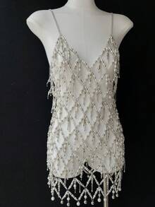 ZHENGHEN Handmade Exquisite Crystal & Pearl Body Chain Dress, Delicate Hand-Strung Rhinestone Mesh Mini Dress, Festival Rave Statement Jewelry - Silver - View 7