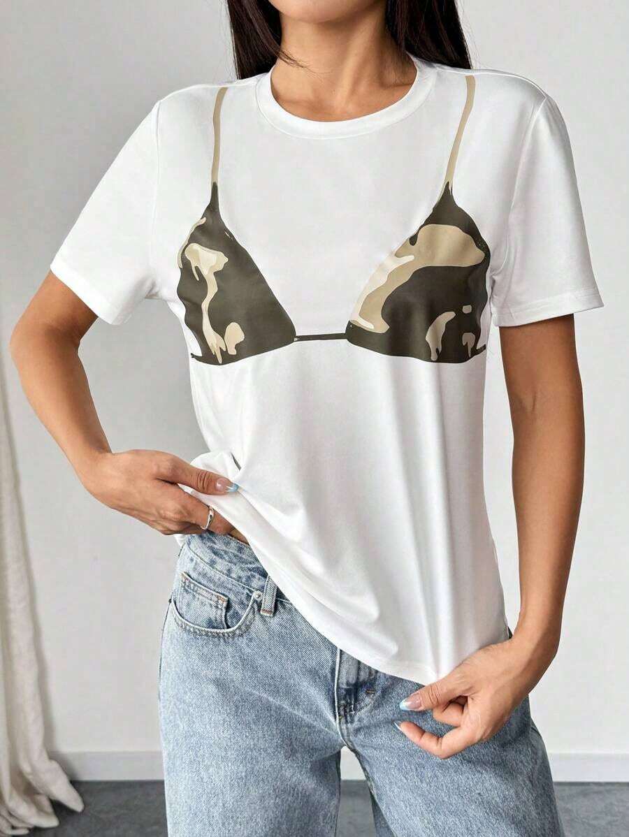 Camiseta casual, suelta, de cuello redondo y manga corta para mujer, primavera/verano - Blanco - Ver 1