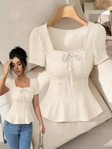 Camiseta de mujer de unicolor con cordones, versátil para uso diario - Albaricoque - Ver 1