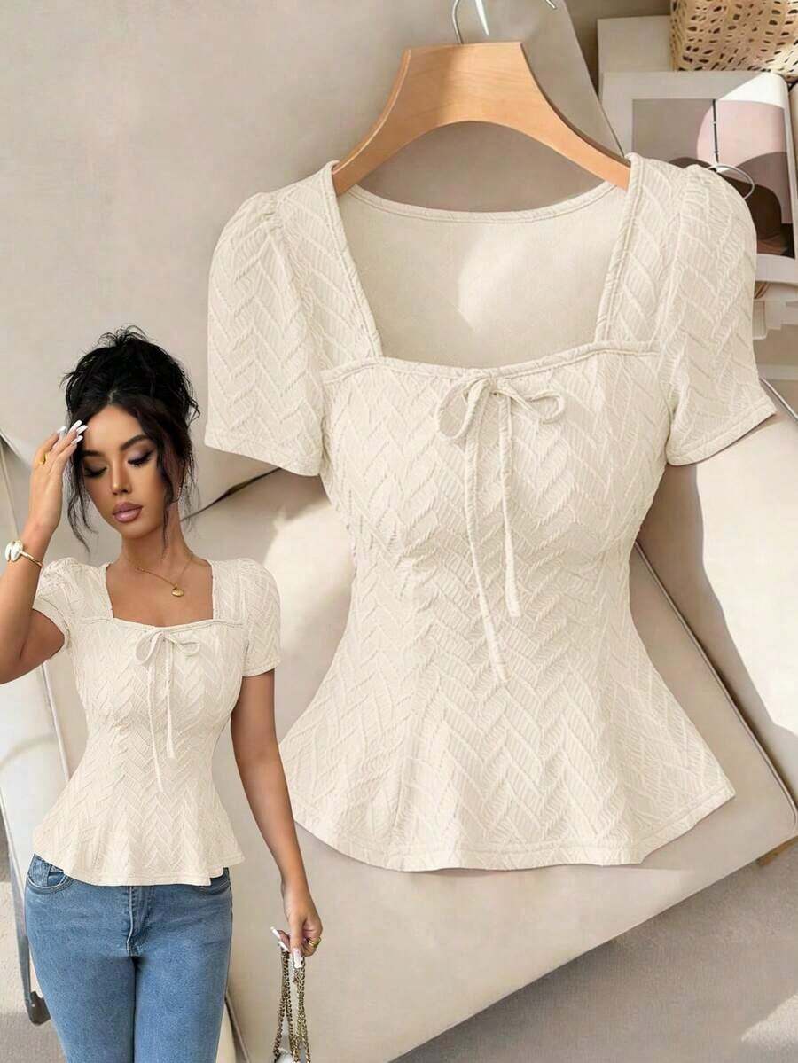 Camiseta de mujer de unicolor con cordones, versátil para uso diario - Albaricoque - Ver 1