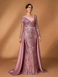 Elegante y lujoso vestido de satén con mangas y bajo de cola de sirena, con tela bordada con lentejuelas, versátil y de alta gama, adecuado para bodas, eventos, fiestas, vacaciones, bailes, vestidos de gala para la madre de la novia - Rosa vieja - Ver 7