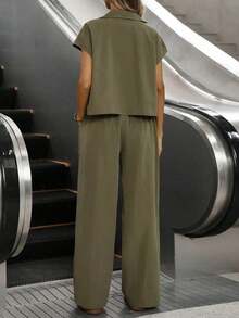 Conjunto casual de 2 piezas de camisa y pantalón de unicolor para mujer, para verano - Verde - Ver 2