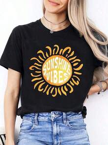 Nueva Camiseta Casual de Verano para Mujer, de Manga Corta y Cuello Redondo, con Estampado de Sol, Estilo Alegre y Energético, un Regalo Perfecto para Familiares y Amigos - Camiseta Unisex de Algodón, Estilo Vintage Urbano, de Manga Corta y Cuello Redondo. - Negro - Ver 6