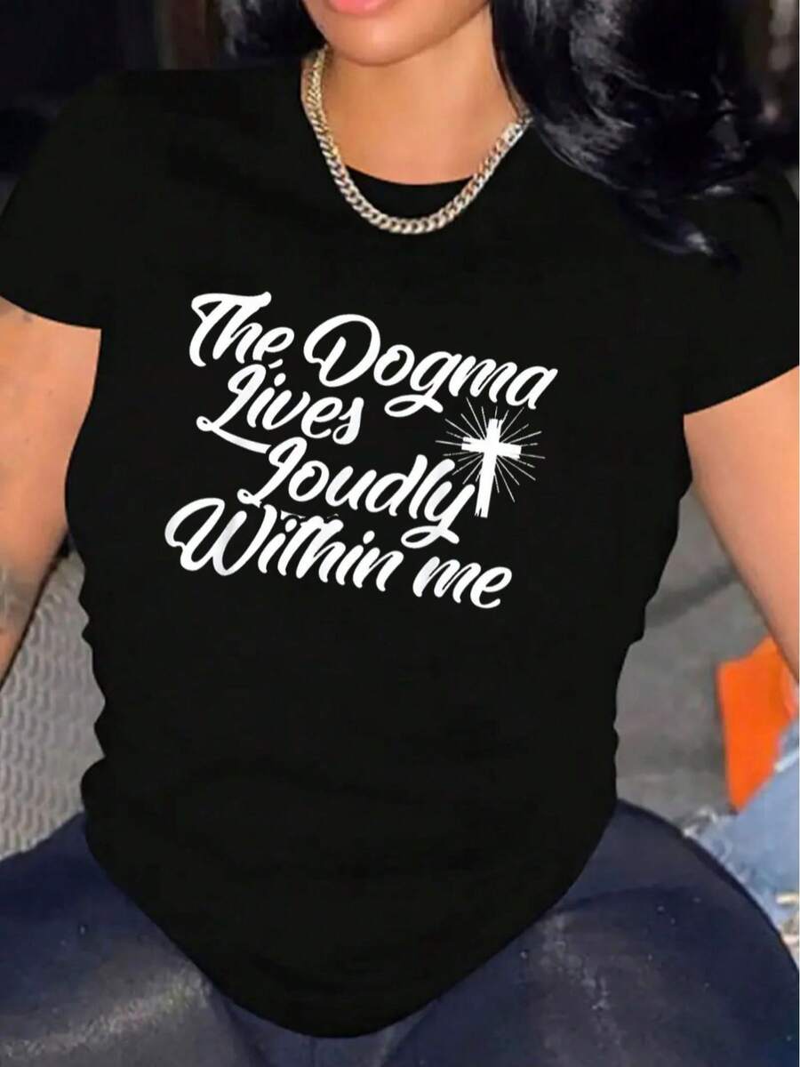 Camiseta casual de manga corta para mujer para Halloween, 1 pieza, 100% de tela gruesa - Cuello redondo cómodo, top suave y lindo. - Negro - Ver 1