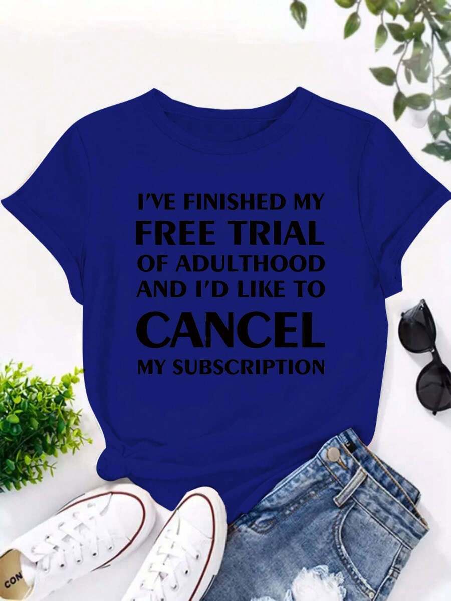 Plus Size Women's Casual And Fashionable Printed T-Shirt, Sizes 0-8XL, Base Layer For Everyday Wear, Stylish, Suitable For All Seasons, Casual Wear, Short Sleeve, Round Neck T-Shirt, Various Colors Available, Plus Size Women's T-Shirt. I Have Completed The - 皇家藍 - 查看 1