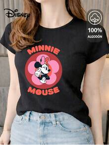 Women's T-Shirt Made Of 100% High-Quality Cotton. This T-Shirt Guarantees Exceptional Softness To The Touch, With A Round Neck, "Disney Minnie Mouse Flower" Print, And Short Sleeves. - 黑色 - 查看 1