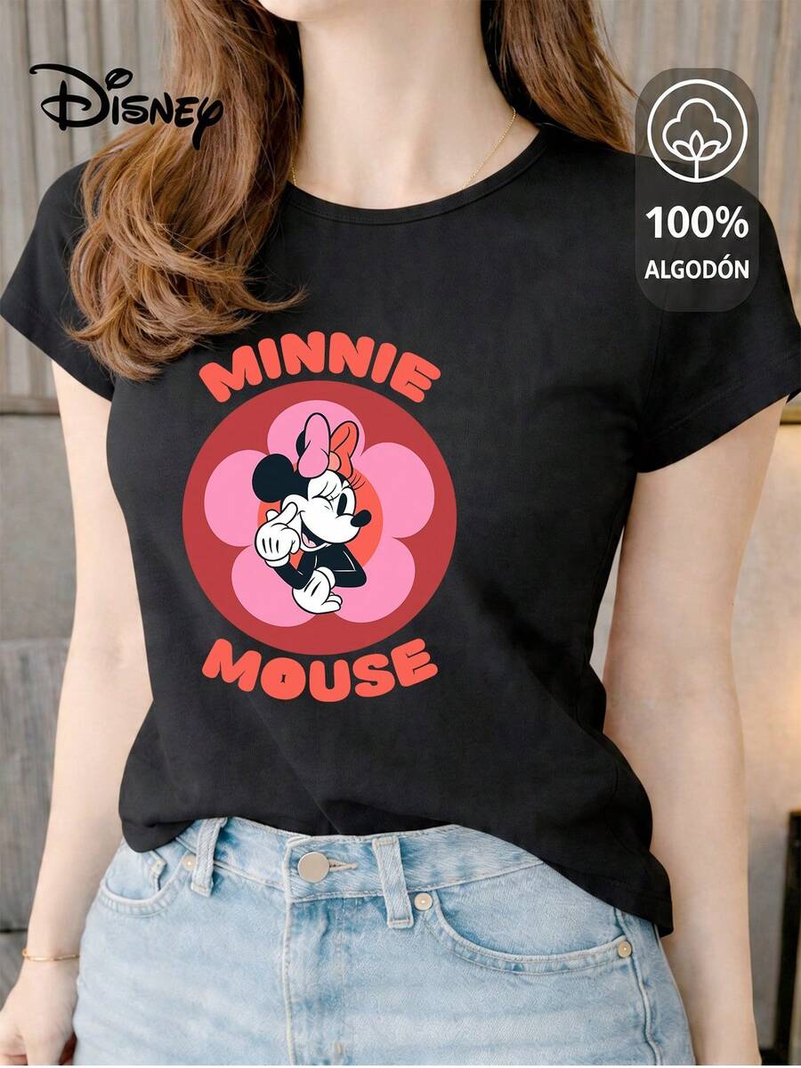 Women's T-Shirt Made Of 100% High-Quality Cotton. This T-Shirt Guarantees Exceptional Softness To The Touch, With A Round Neck, "Disney Minnie Mouse Flower" Print, And Short Sleeves. - 黑色 - 查看 1