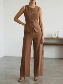 Conjunto de 2 piezas, traje de mujer de 2 piezas, chaleco sin mangas elegante con botones y pantalón talle alto pierna amplia, conjunto sofisticado ideal para oficina, eventos formales y looks modernos - Café integral - Ver 6