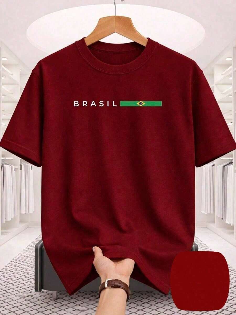 Brazil Unisex Minimalist T-Shirt With National Team Flag Design, 100% Cotton. Premium 100% Cotton. Comfortable And Casual. - 酒紅色 - 查看 1