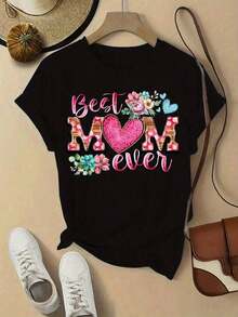 Camiseta estampada para mujer, 1 pieza, de moda, con cuello redondo y manga corta, serie del Día de la Madre con estampado gráfico "La mejor madre de todas", cómoda y elegante, adecuada para uso diario informal. Camisetas de verano para mujer con estampado tropical, cuello redondo, manga corta, holgadas, transpirables, cómodas, esenciales de verano para mujer. Playera para verano. - Negro - Ver 6