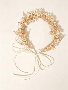 1Pc Handmade Luxury Golden Bridal Floral Headband - Pearl & Mesh Flower Hair Wreath For Wedding, Nature Photoshoot & Special Occasions - Gold - View 3