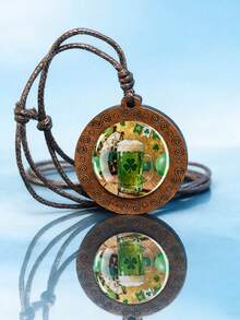 1PC Four Leaf Clover Patterned Dome Glass Inlaid Wooden Pendant Necklace, Paired With Woven Rope Chain, Retro Texture Design, Suitable For Daily Wear Or As A Holiday Gift. - Chocolate Brown - View 9