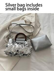 Silver Women's Crossbody Bag Set With Mini Pouch, Fashionable Metallic Texture Shoulder Handbag, 2026 Small Square Women's Bag, Minimalist PU Leather Wallet, Fashionable Chain Strap Messenger Bag For Daily Outings, Shopping, Parties, Lightweight Luxury Designer-Inspired Tote Clutch, Elegant Y2K Street Style For Office, Dates, Vacation, Dinner, Gift Bag - Multicolor - View 7