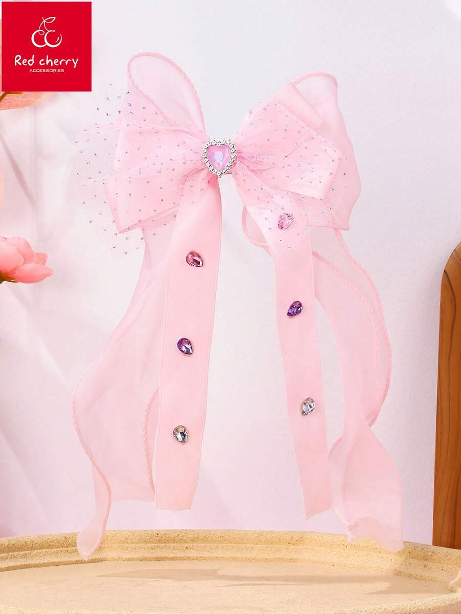 1 chiếc kẹp tóc nơ hình trái tim đính sequin giả pha lê dễ thương và thời trang cho bé gái, thích hợp để đeo hàng ngày, làm quà tặng, trong các dịp lễ hội. - Hồng - Xem 1