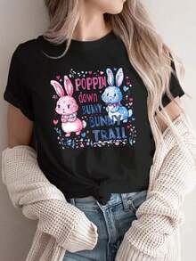 Women's Casual Sports T-Shirt, Crew Neck T-Shirt, POPPIN Down BUNNY TRAIL, Easter Bunny, Spring Casual Wear, Party Theme Outfit, Colorful Heart Design, Easter Walk, Bunny Hop, Comfortable All-Season Top, Women's T-Shirts - 黑色 - 查看 6