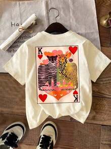 Camiseta de manga corta de talla grande con cuello redondo y estampado de cartas de rey y reina de corazones, tela de alta elasticidad, casual de verano, 100% algodón. - Albaricoque - Ver 3