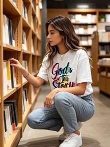 Dios Está En Esta Historia Camiseta Cristiana, Camiseta Gráfica con Declaración de Fe Religiosa para Mujer, Mensaje Inspirador, Regalo Espiritual para Ella, Ropa de Iglesia, Blusas para mujer - Blanco - Ver 5