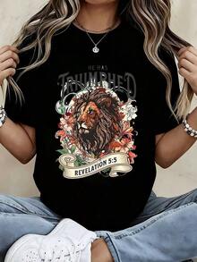 Fashionable Women's T-Shirt With Lion And Flower Design, Featuring The Phrase 'He Has Triumphed' From Revelation 5:5. Graphic T-Shirt With Christian Bible Verse For Casual Wear, Church Wear, And Everyday Activities. Suitable As A Gift. Women's T-Shirt. Elegant Blouses. Boho Chic. Soft, Breathable, And Comfortable Women's Top, Ideal For Spring, Summer, And Autumn, Perfect For Vacations, Travel, And Everyday Wear. - 黑色 - 查看 7