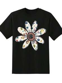 Camiseta de Mujer% Algodón con Estampado Floral, Camiseta Casual de Verano para Mujer, Estilo Boho con Diseño de Margaritas para Uso Diario y Atuendos de Festival. - Negro - Ver 2